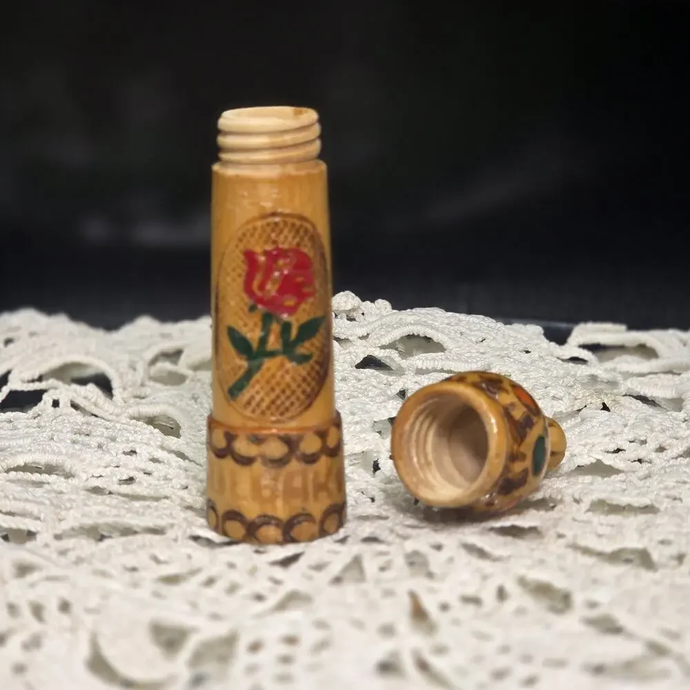 Antique Treen Wooden Hand Carved\painted Etui Sewing Needle Case Rose Bulgaria